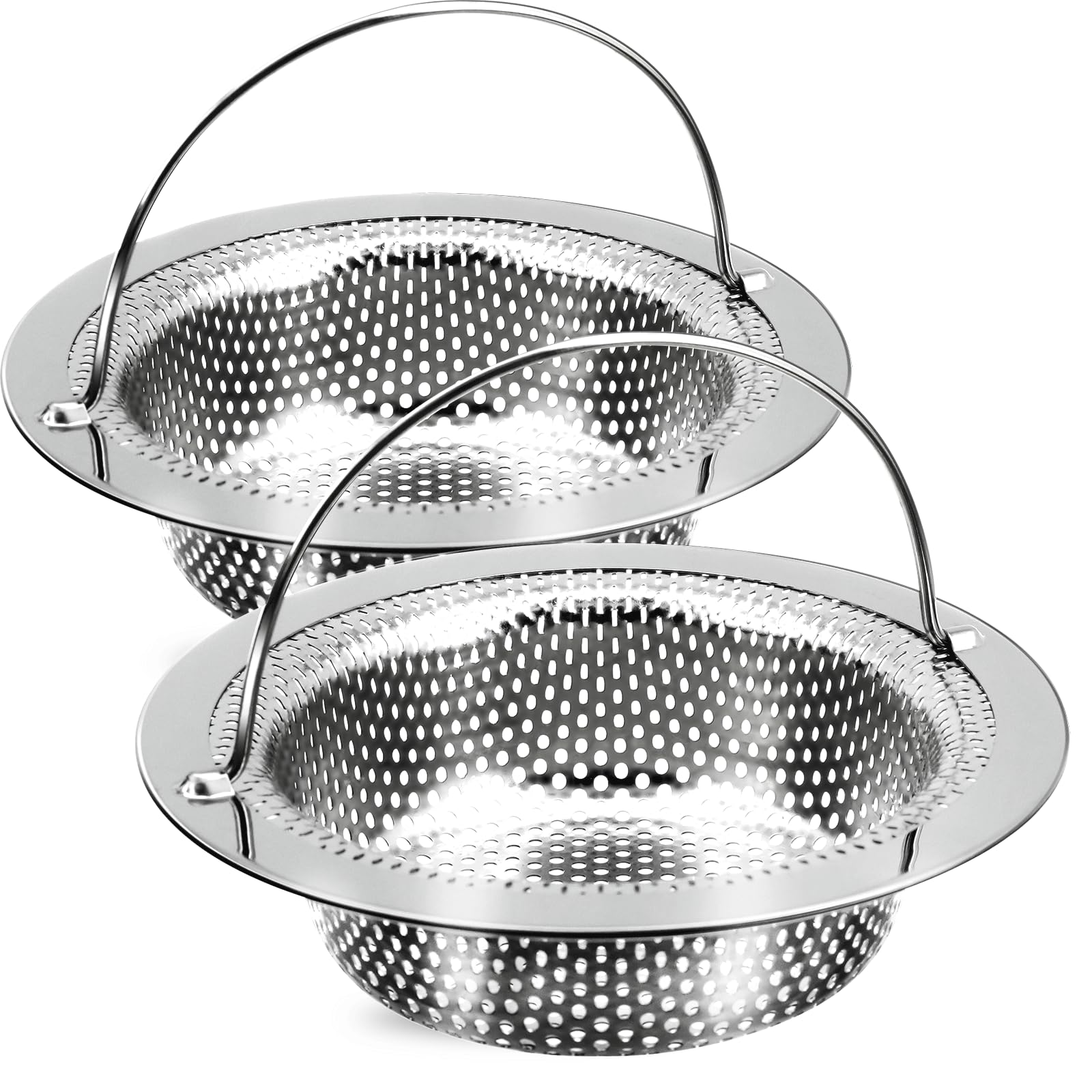 2 Pack Kitchen Sink Drain Strainer with Handle, Stainless Steel Large Kitchen Sink Drain Basket Food Catcher, Outer Diameter 4.5 Inch, Rust Free
